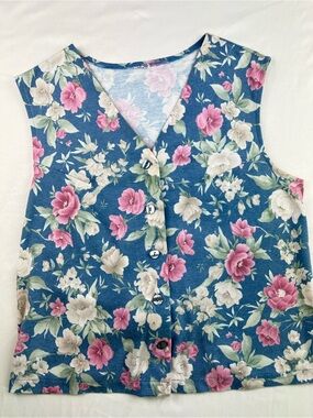 Vintage 90s Floral Vest Cottagecore Blue Waistcoat 80s Grandma Fairy Tapestry